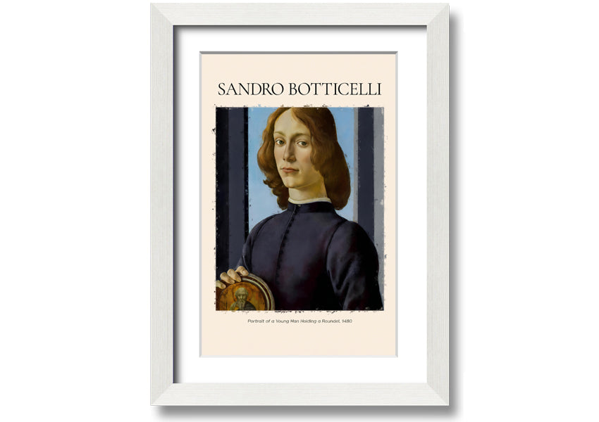 A detailed reproduction of Botticelli's Portrait Of A Young Man Holding A Roundel, showcasing vibrant colors and intricate details.